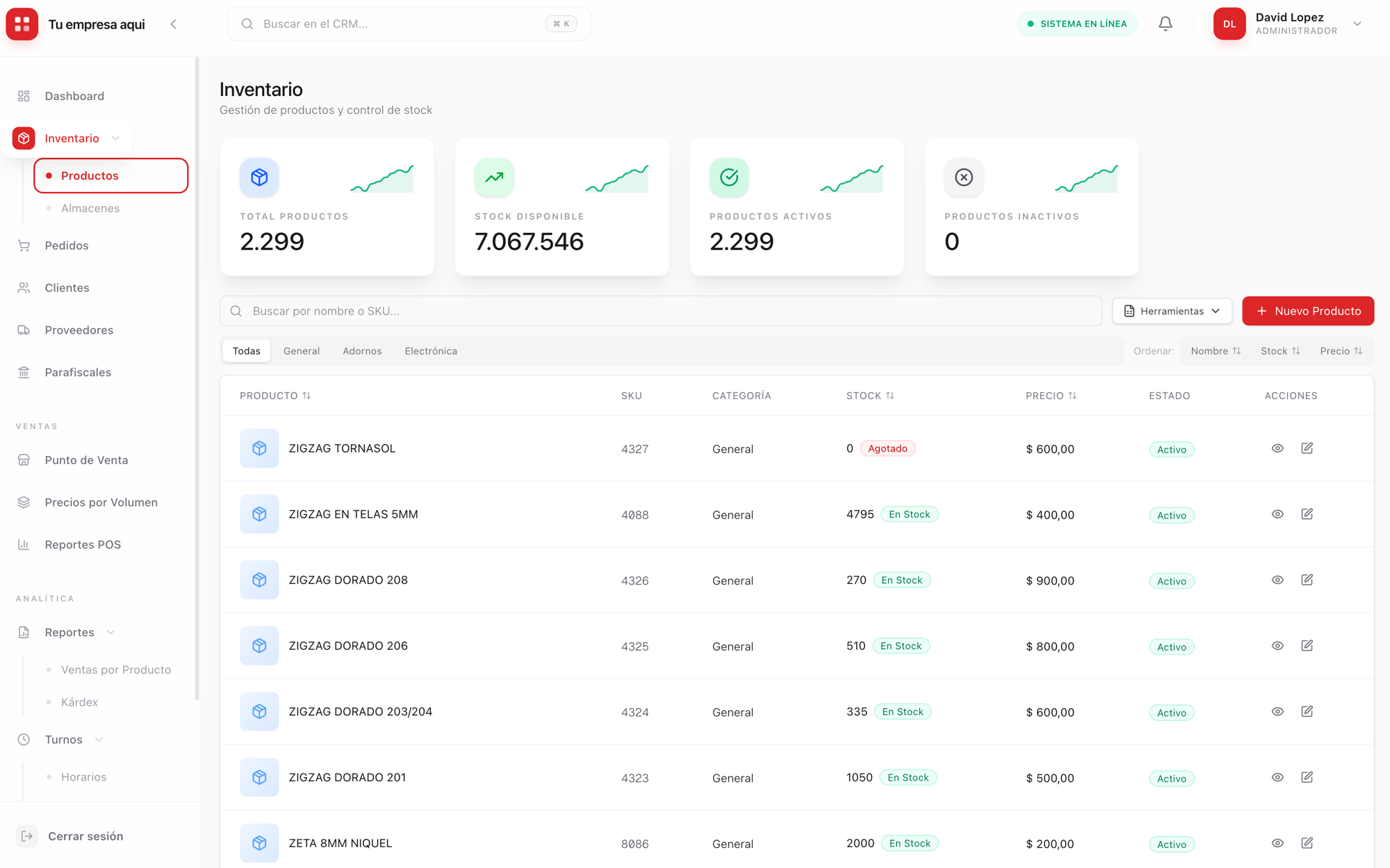 Módulo de Inventario TACS — listado de productos con SKU y stock