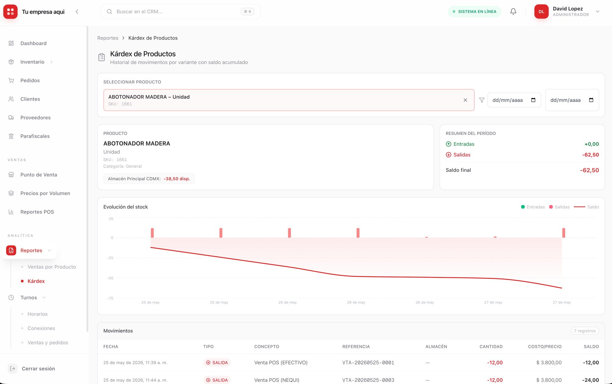 Reporte Kárdex de TACS mostrando movimientos de inventario por producto