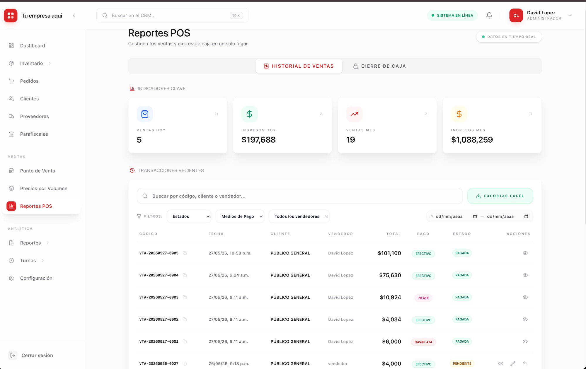 Reporte de Punto de Venta TACS con filtros y resumen de ventas